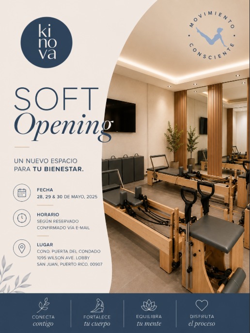 Arte promocional del Soft Opening de Kinova Pilates en San Juan, celebrado los días 28, 29 y 30 de mayo de 2026.