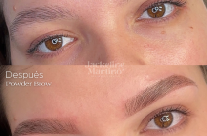 Comparativa de antes y después de un diseño de cejas con micropigmentación profesional realizado en Bayamón, Puerto Rico por Jackeline Martinó.